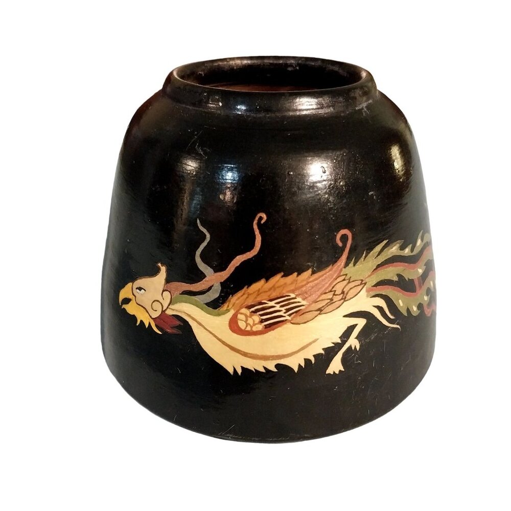Antique Japanese Dragon Phoenix Black Lacquer On Wood Small Vase Pot